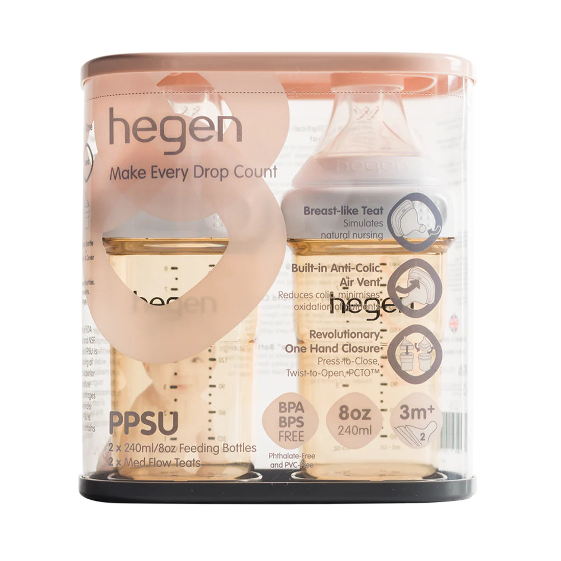 Hegen PCTO™ 240ml Feeding Bottle PPSU, 2-Pack with 2 x Medium Flow Teat (3 to 6 Months)
