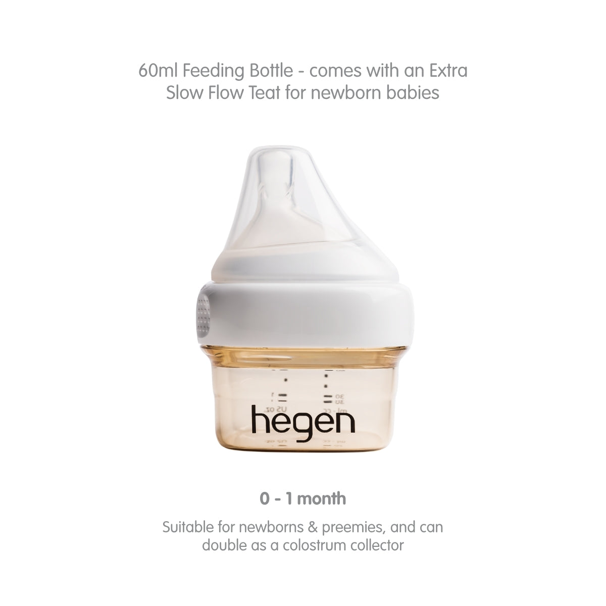 Hegen 60ml feeding bottle for use between 0-1 months.