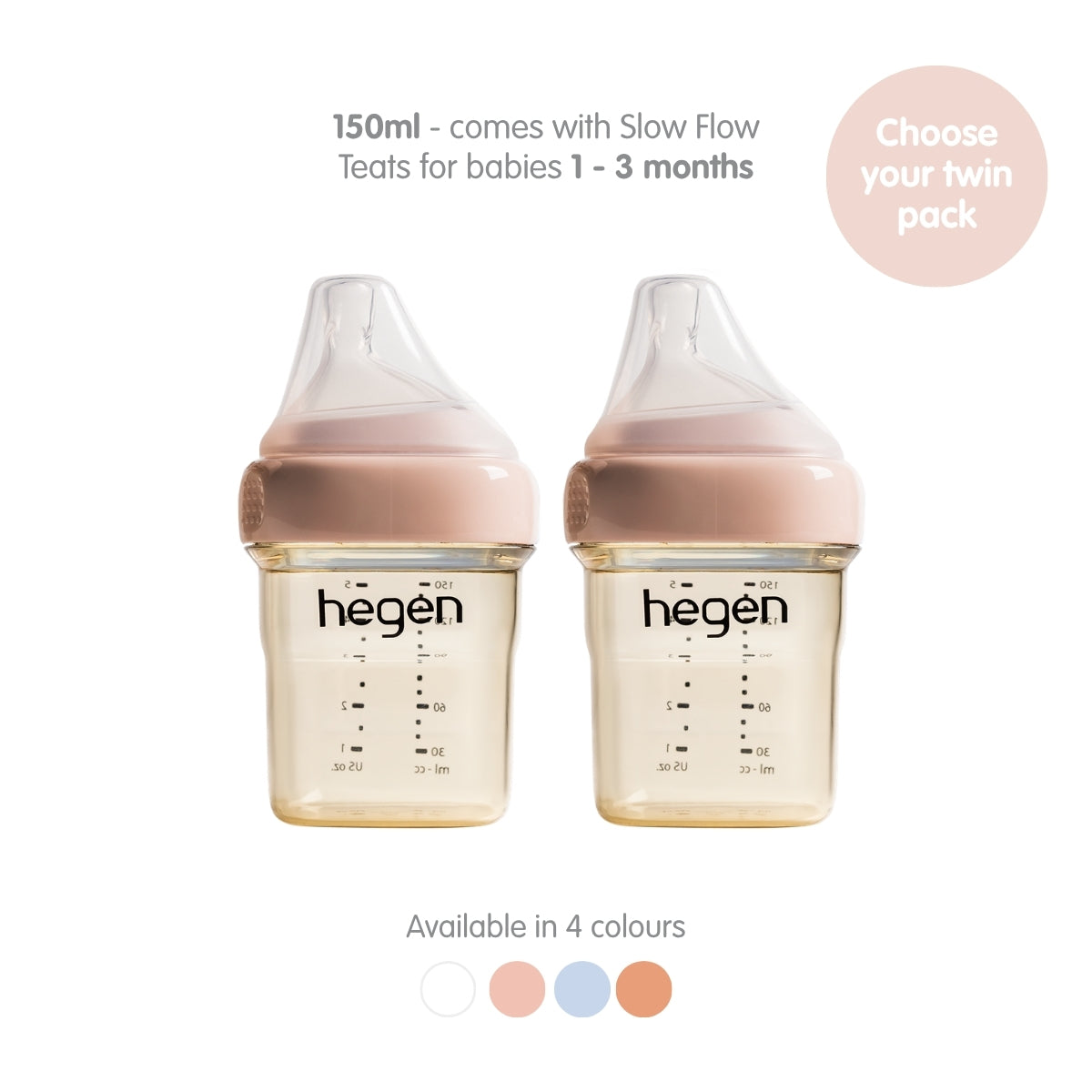 Two Hegen 150ml baby bottles with slow-flow teats, featuring pink caps and clear PPSU bottles with measurement markings.