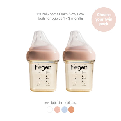 Two Hegen 150ml baby bottles with slow-flow teats, featuring pink caps and clear PPSU bottles with measurement markings.