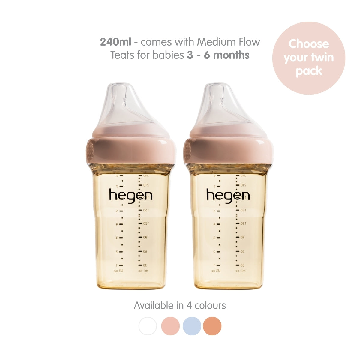 Two Hegen 240ml PPSU feeding bottles with medium flow teats, shown as a twin pack on a white background with descriptive text and color options.