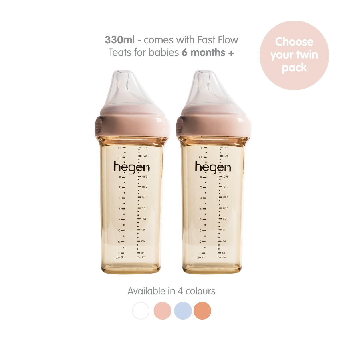 Two Hegen 330ml PPSU feeding bottles with pink caps and clear bodies, shown on a white background with text indicating Fast Flow teats for babies 6 months+, a twin pack choice, and available colors.