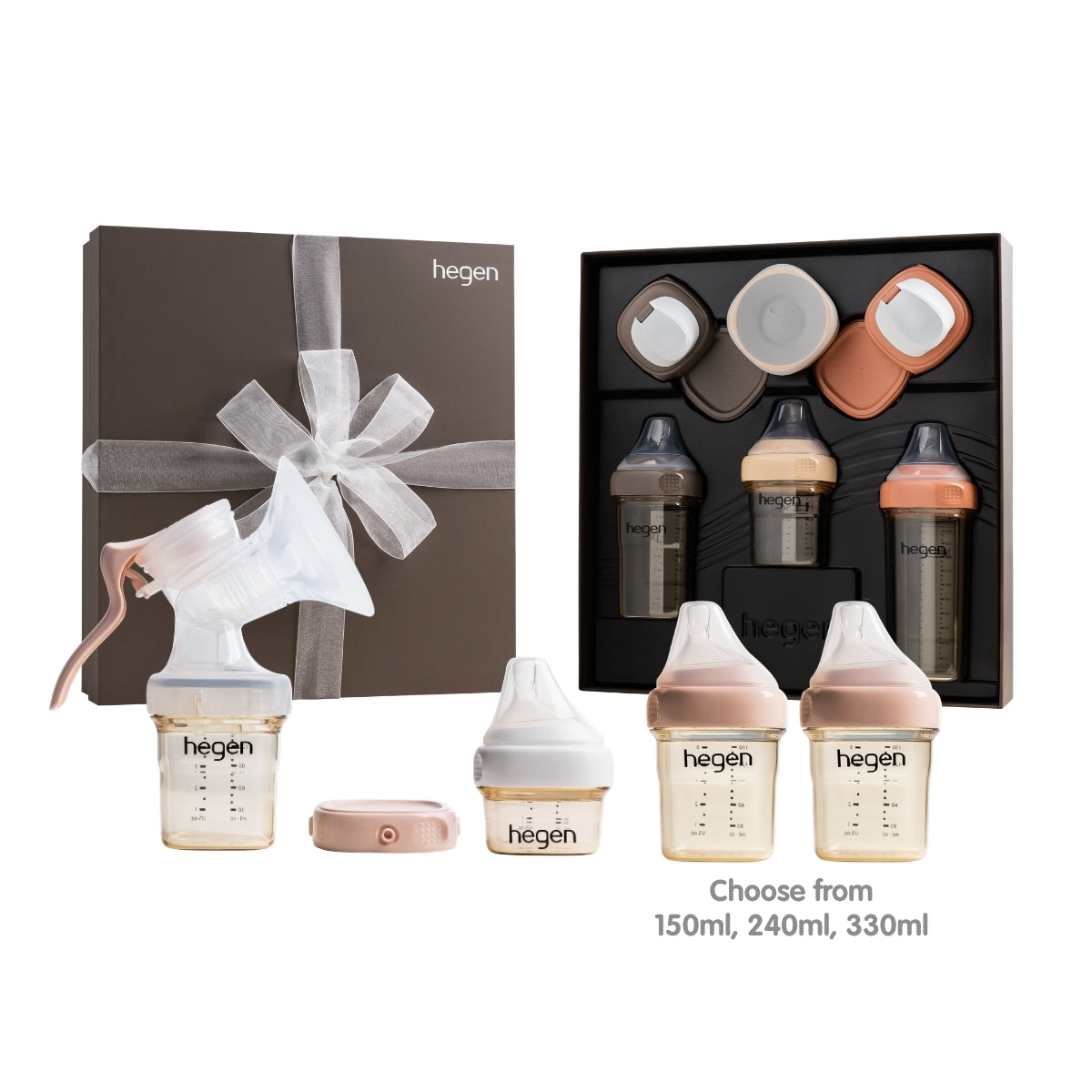 Hegen complete feeding collection featuring different bottle sizes (150ml, 240ml & 330ml), the Hegen manual breast pump, and the Hegen all-star collection.