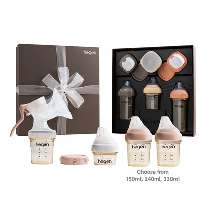 Hegen complete feeding collection featuring different bottle sizes (150ml, 240ml & 330ml), the Hegen manual breast pump, and the Hegen all-star collection.
