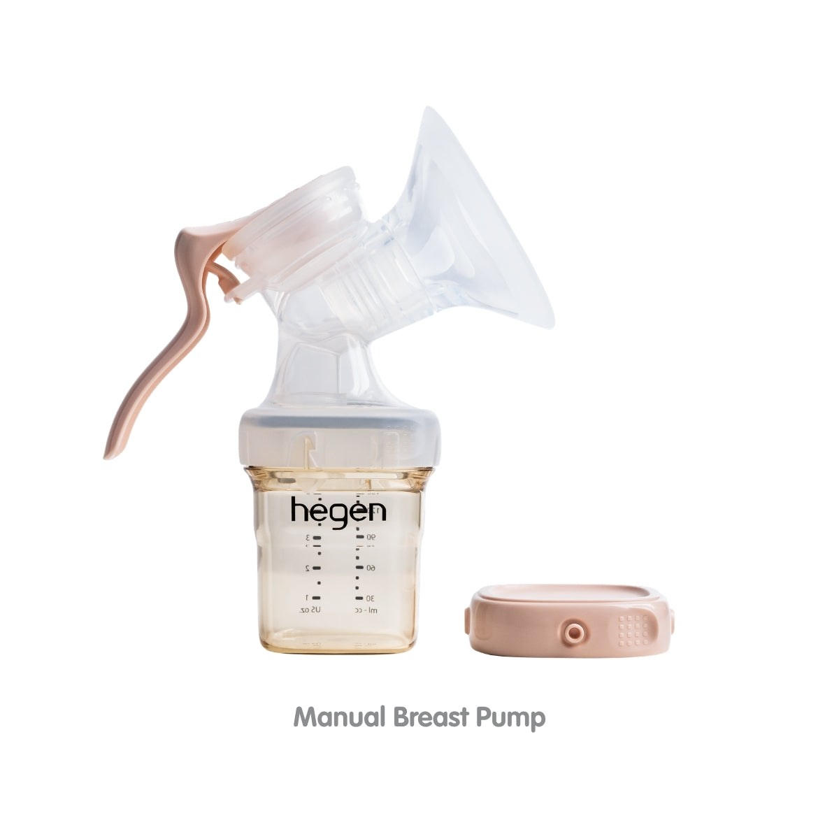 A Hegen manual breast pump with a clear flared breast shield, transparent collection bottle, and a pale pink pump head and base.